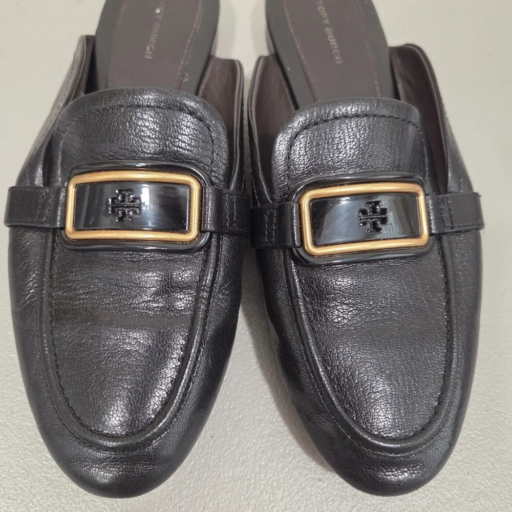 Tory Burch Georgia Backless Loafer Mule 8M Black Leather Gold Buckle Flat Chic